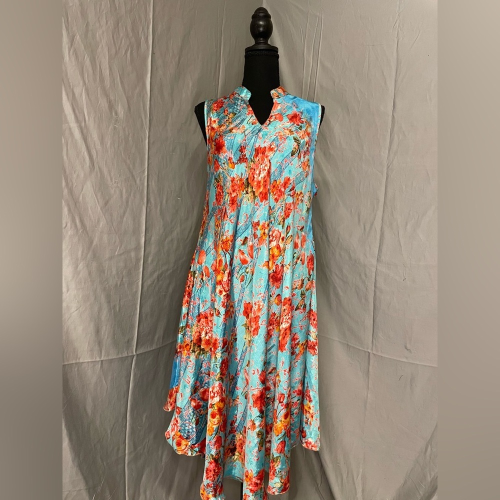 Pineapple Sleeveless Floral Maxi Dress in Aqua with Coral Blooms Silk Blend